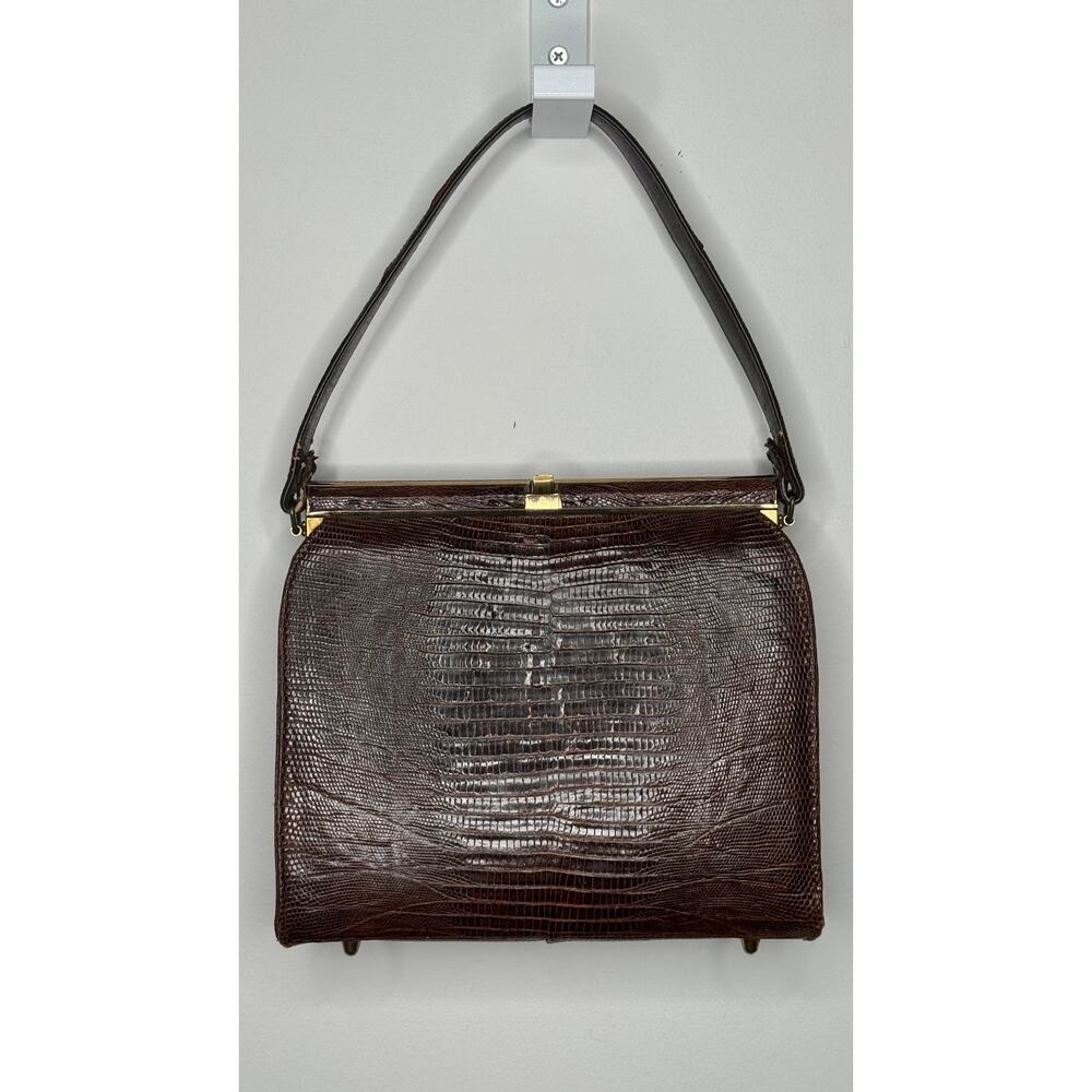 1950s Oxblood Lizard Embossed Top Handle Kiss Lock Purse - Picture 16 of 16